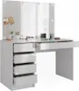 A white vanity table with drawers and a tri-fold mirror with lights. Anteprima dell’immagine prodotto