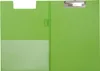 An open green clipboard with a clear pocket on the left side and a silver clip at the top of the right side. Produktbild-Vorschau