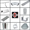 A collage of various gutter and drainage system components, including downspouts, corners, grates, and connectors, along with a brand logo. Produktbild-Vorschau
