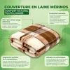 A folded wool blanket with text overlays describing its features. Produktbild-Vorschau
