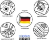 Diagrams illustrating features of vacuum cleaner bags, with a German flag indicating origin. Produktbild-Vorschau