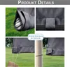 Collage showing details of a dark gray outdoor curtain, including how it is weighted with stones, attached to a rod, and secured with ties to a pole. Náhľad obrázku produktu