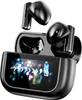 A pair of black wireless earbuds and their charging case are displayed against a white background. The charging case has a digital display showing abstract colorful lights and icons. Produktbild-Vorschau
