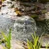 A close-up of a solar-powered water fountain in a pond, surrounded by lily pads and rocks. Produktbild-Vorschau