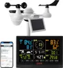 A white weather station with a solar panel and a black display unit showing weather data, alongside a smartphone displaying a weather app. Produktbild-Vorschau