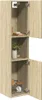 A tall, narrow wooden cabinet with its doors open, revealing shelves with various bathroom items. Náhled obrázku produktu
