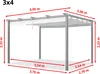 A diagram of a pergola with dimensions indicated by red lines and text. Voir les images du produit