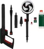 A collection of pressure washer accessories and a bottle of cleaning solution, arranged on a white background. Produktbild-Vorschau