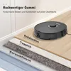 A robot vacuum cleaner is shown on a wooden floor, with layers representing different floor types underneath. Produktbild-Vorschau