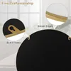 Close-up view of a round mirror's edge and hanging hooks, with marketing text highlighting features. Produktbild-Vorschau