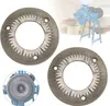 A collage of images showing grinding discs for an electric grain mill, with a partial view of the mill itself and a background of various grains. Voir les images du produit