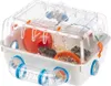 A hamster cage with two hamsters inside, food, and accessories. Produktbild-Vorschau