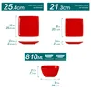 Diagrams showing the dimensions of red square plates and bowls. Náhled obrázku produktu