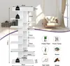 A white multi-tiered shelving unit is shown with dimensions and item examples. A hanging chair is visible in the background. Produktbild-Vorschau
