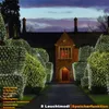 A stately home decorated with numerous white string lights on bushes and trees at dusk. Produktbild-Vorschau