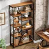 A tall, multi-shelf bookshelf filled with decorative items and books, placed in a room with brick and concrete walls, next to a wooden desk. Voir les images du produit