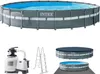A collection of items for an Intex swimming pool set, including the pool itself, a filter pump, a ladder, and pool covers. Produktbild-Vorschau