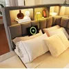 A bed with integrated shelving and lighting, featuring a phone charging and a wireless charging pad. Náhled obrázku produktu