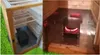 Two images showing the interior of a wooden smoking box, one with shelves and a metal box at the bottom, the other showing a heating element inside the metal box. Náhled obrázku produktu