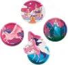 A collage of four round and shaped plates with fantasy-themed illustrations of castles, unicorns, and a princess on a horse. Produktbild-Vorschau