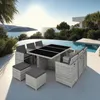 An outdoor dining set with chairs and a table is placed on a patio next to a swimming pool with a scenic ocean view. Produktbild-Vorschau