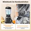 A split image showing a blender on the left and a dishwasher interior on the right, with text overlays describing features. Produktbild-Vorschau
