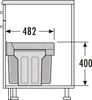 A technical drawing showing dimensions of a waste sorter unit within a cabinet. Voir les images du produit