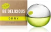 A bottle of DKNY Be Delicious perfume and its packaging are shown against a white background. Podgląd zdjęcia produktu