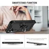 A person is holding a black smartphone case with a ring stand on a table, with a cup in the background. Below are two additional images showing the case from different angles. Produktbild-Vorschau