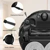 Close-up view of the underside of a robot vacuum cleaner, highlighting its brushes and wheels, with inset images showing material details. Voir les images du produit