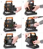 A series of six numbered images showing how to insert and remove a battery from a portable LED work light. Produktbild-Vorschau