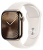 A close-up studio shot of a gold Apple Watch with a white sport band, displaying a unique watch face.