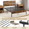 A bed frame with a rustic wood-look headboard and black metal frame, shown in a bedroom setting with nightstands. The image includes close-up insets highlighting product features. Podgląd zdjęcia produktu