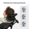 A man is shown from the shoulders up, leaning back in an ergonomic office chair. The image highlights the chair's headrest and includes diagrams illustrating its movement. Náhled obrázku produktu