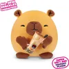 A plush toy capybara holding a bubble tea drink, with marketing text overlays. Produktbild-Vorschau