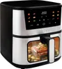 A Tesla AirCook Q60 XXL Pro digital air fryer is shown from a front-side angle. The air fryer has a digital display panel with various food icons and temperature settings. Inside the transparent window, a roasted chicken with herbs and potatoes is visible. Anteprima dell’immagine prodotto