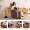 A woman relaxing in a brown recliner chair while reading a book, with smaller inset images showcasing product features. Náhled obrázku produktu