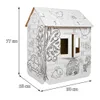A white cardboard playhouse for children, decorated with black line drawings of various objects and animals, including a clock, birds, a tree with apples, a car, and a rabbit. Dimensions are indicated with measurement lines and text. Anteprima dell’immagine prodotto