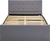 A grey upholstered bed frame with a wooden slat mattress support is shown from the front. Produktbild-Vorschau