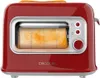A red toaster with toast inside, shown from the front. Voir les images du produit