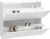 A white shoe cabinet with multiple shelves and doors, displaying various shoes. Náhled obrázku produktu
