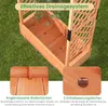 A wooden raised garden bed with a trellis, shown outdoors on grass. Close-up insets highlight drainage features. Podgląd zdjęcia produktu