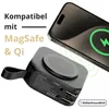A power bank is shown magnetically attached to a smartphone, with text indicating compatibility with MagSafe and Qi charging. Produktbild-Vorschau