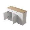 A white sideboard with a wooden top and three open doors, against a white background. Voir les images du produit