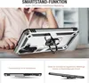 A person's hand is visible behind a smartphone case with a ring stand, which is placed on a table. Below this, there are two smaller images showing the case from different angles and with descriptive text. Produktbild-Vorschau
