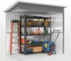 A storage shed interior with shelves filled with various items, including tools, containers, and a hose reel. Produktbild-Vorschau