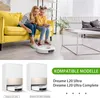 A mother and daughter are sitting on a yellow couch, looking at a robot vacuum cleaner on the floor. Below is an image of two robot vacuum charging stations. Produktbild-Vorschau