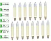 A collection of 15 candle-shaped light bulbs arranged in two rows on a white background, with informational text labels on the left side. Produktbild-Vorschau