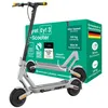 A white electric scooter is shown in front of a green box with product specifications and awards. Produktbild-Vorschau