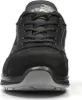 Front view of a black safety shoe with gray sole. Voir les images du produit